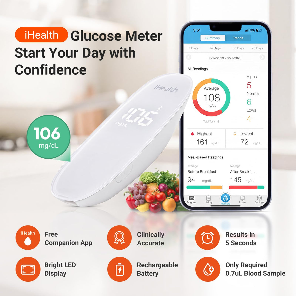 Wireless Smart Glucose Monitor Kit, 100 Strips & 100 Lancets K613707