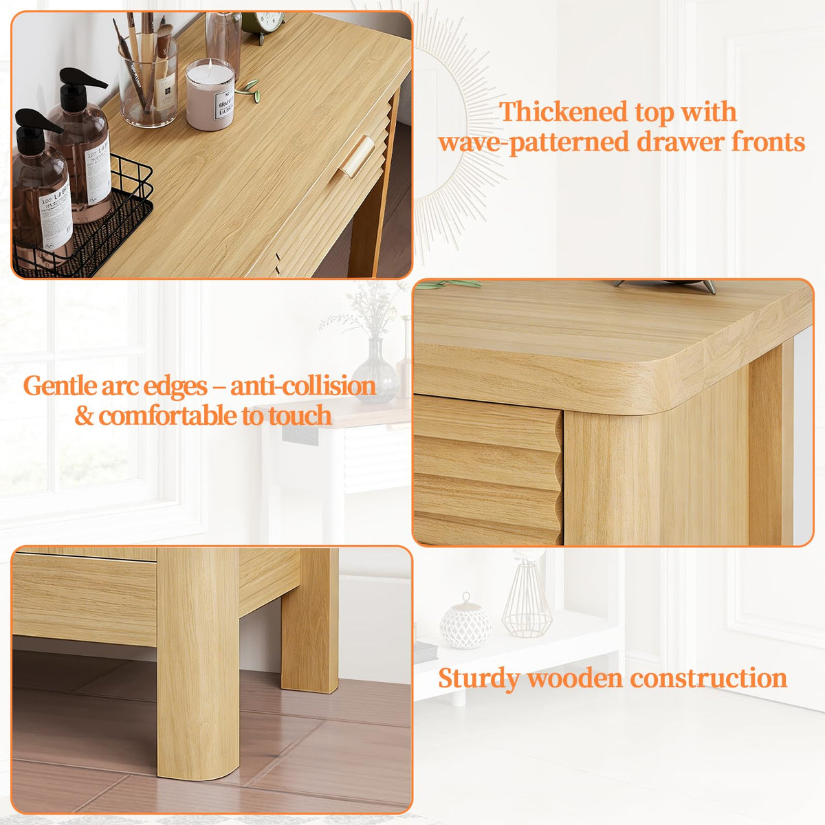 47.2" Narrow Console Table with 3 Drawers & Charging Station, Oak S7400