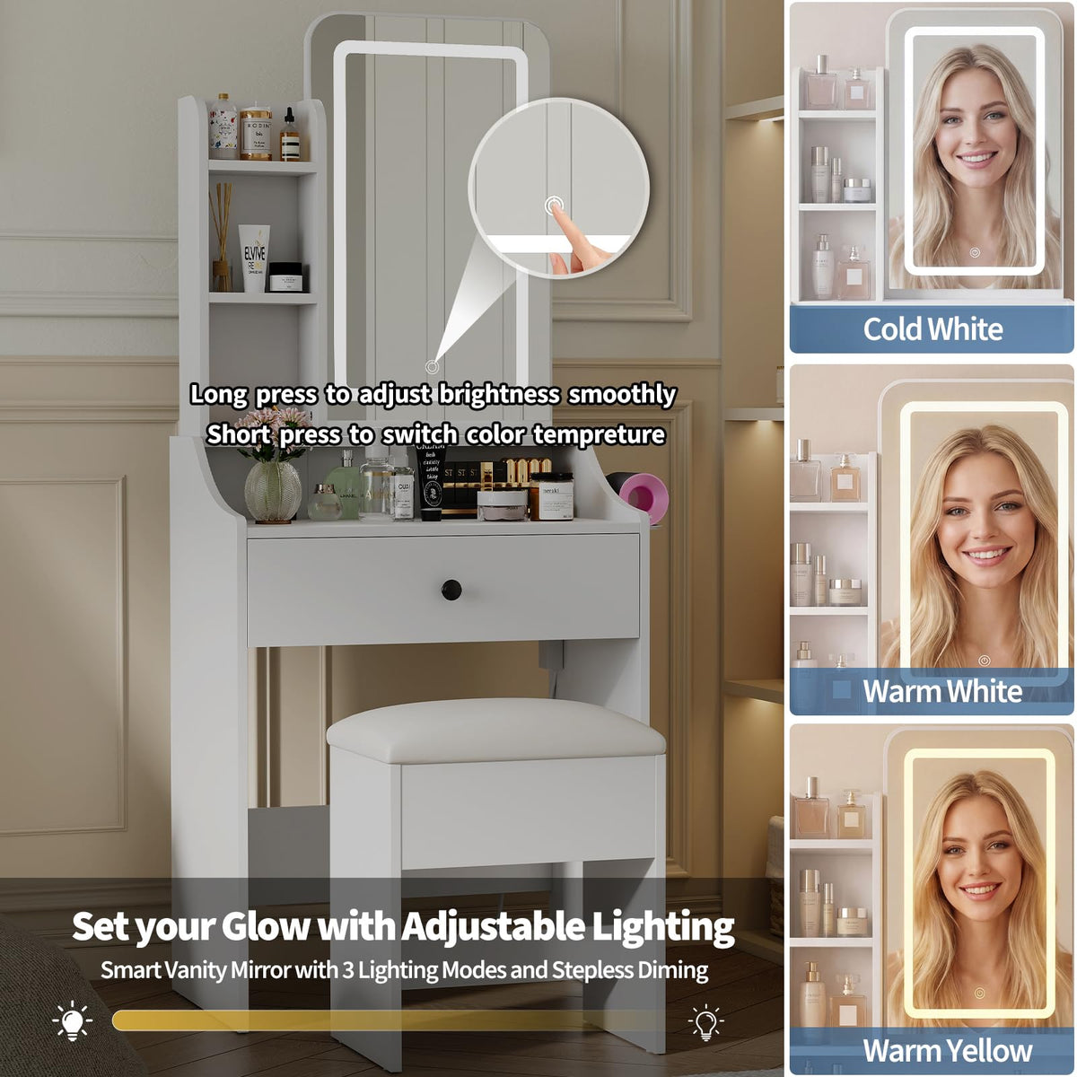 Small Makeup Vanity Desk with Mirror and LED Lights W619