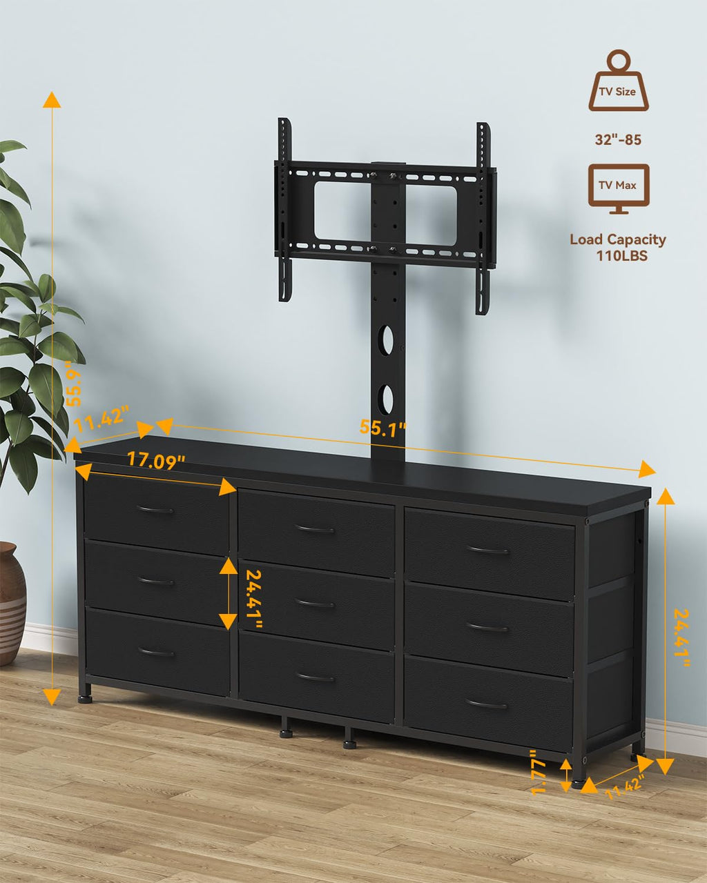 TV Stand with Mount and 9 Fabric Drawers W950