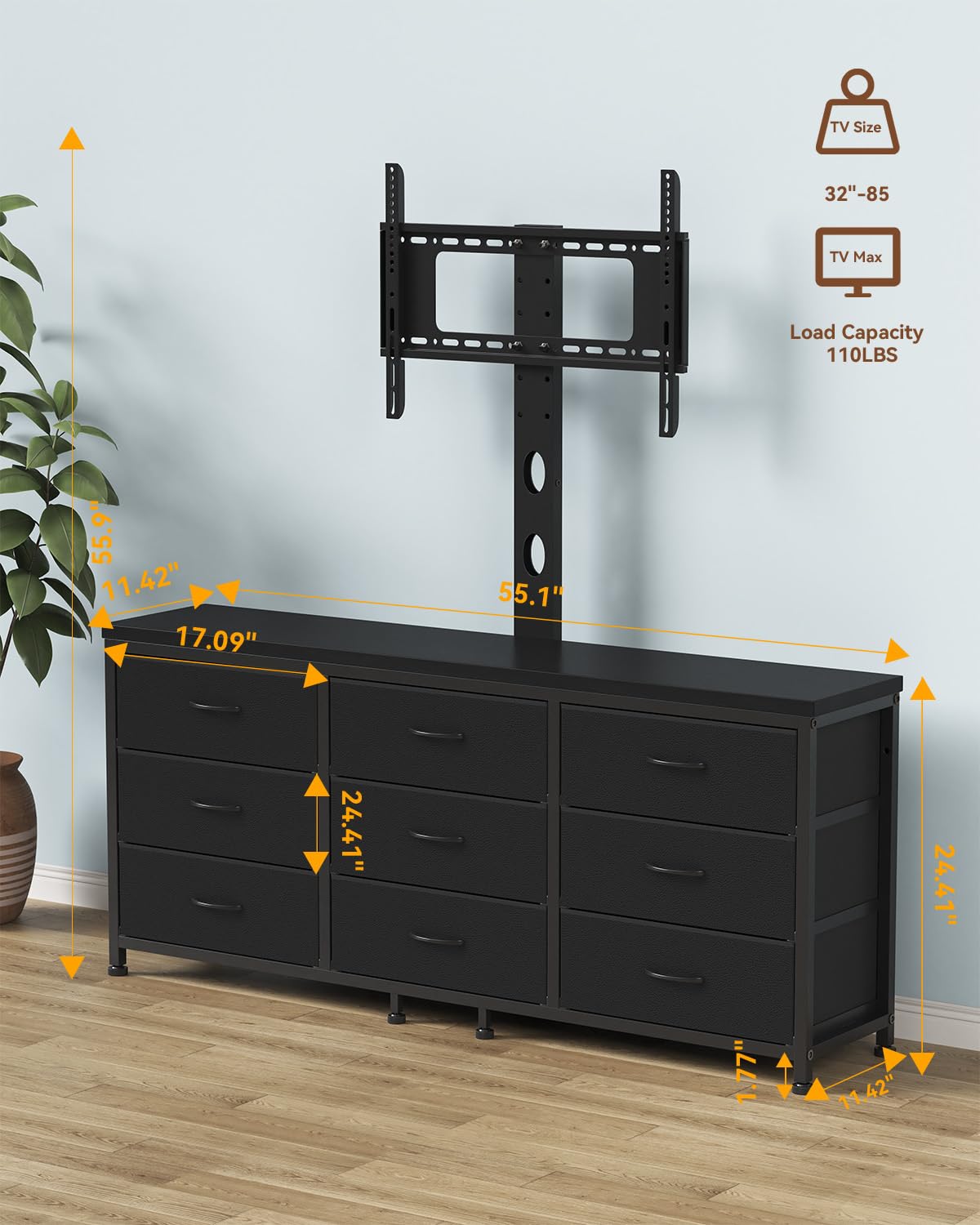 TV Stand with Mount and 9 Fabric Drawers W950