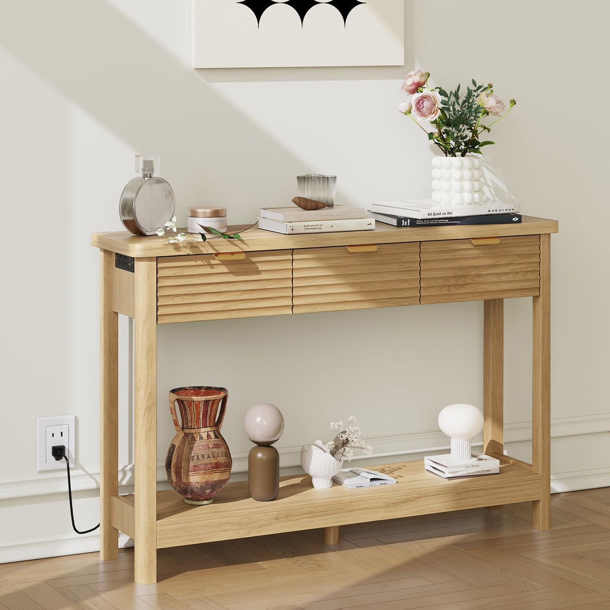 47.2" Narrow Console Table with 3 Drawers & Charging Station, Oak S7400