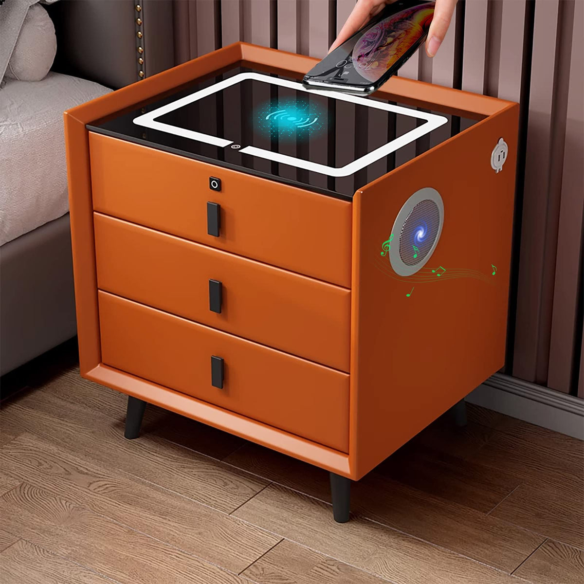 Orange 3 Drawer Wooden Nightstand with Wireless Charging K63582