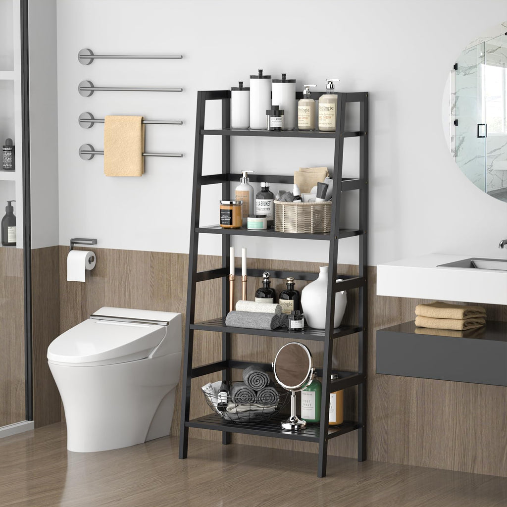 Black 4-Tier Bamboo Ladder Shelf X498782