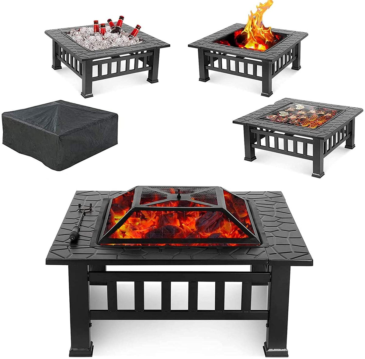 32'' Wood Burning Square Fire Pit with Grill Grate P370176