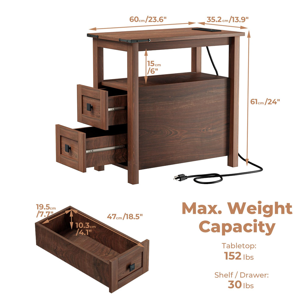 Cherry Wood End Table with Charging Station and 2 Storage Drawers Y5109