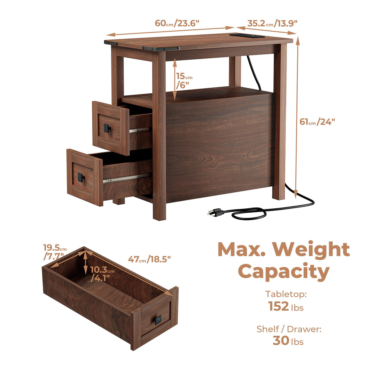 Cherry Wood End Table with Charging Station and 2 Storage Drawers Y5109