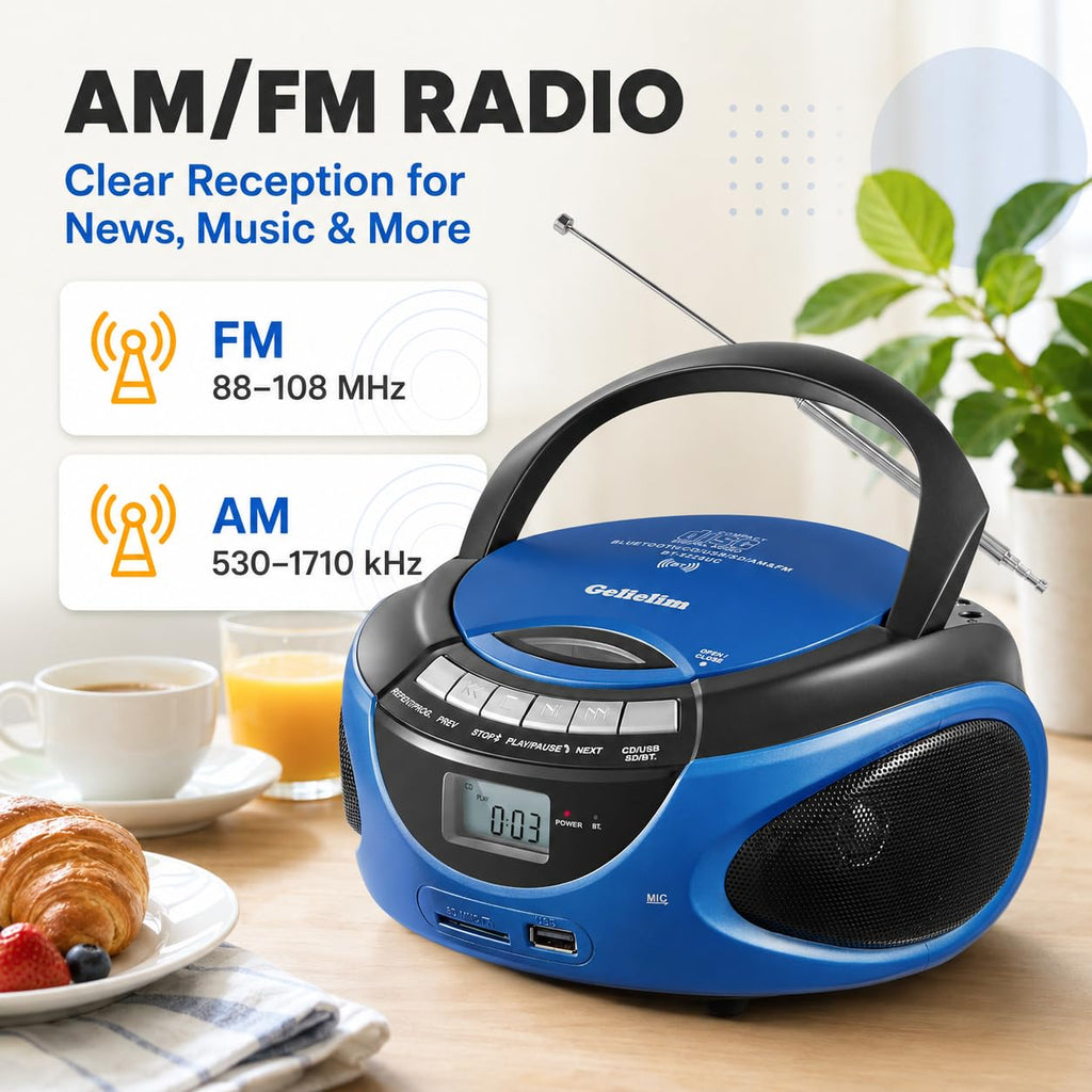 Portable CD Player with Bluetooth AM FM Stereo Radio Blue L413