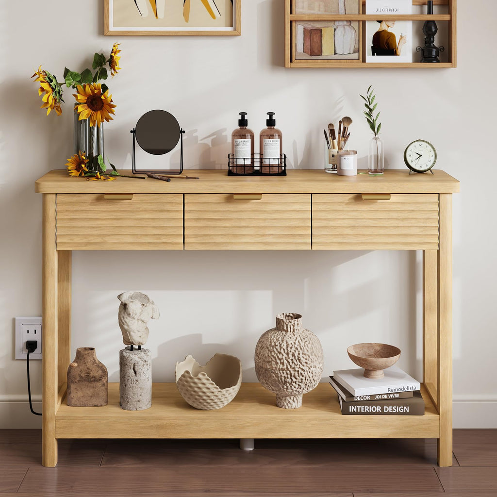 47.2" Narrow Console Table with 3 Drawers & Charging Station, Oak S7400