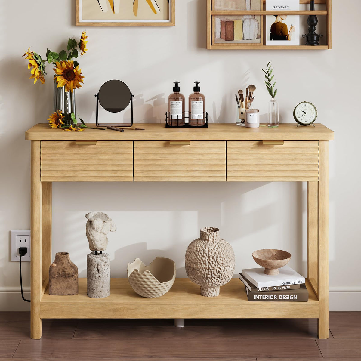 47.2" Narrow Console Table with 3 Drawers & Charging Station, Oak S7400