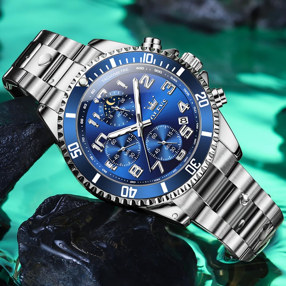 Mens Chronograph Moon Phase Two Tone Stainless Steel Waterproof Luminous Wrist Watch S2024