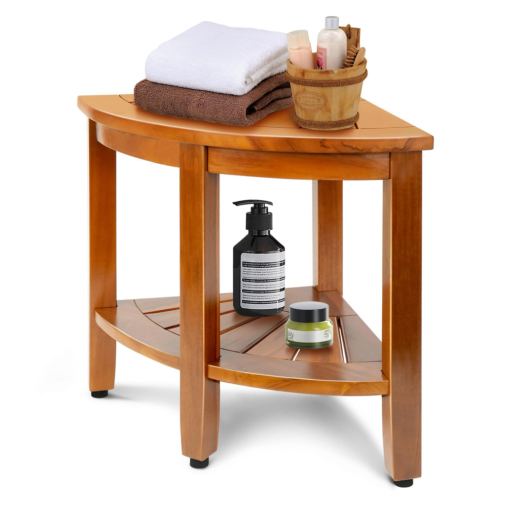 18" Teak Corner Shower Bench with Shelf I2158