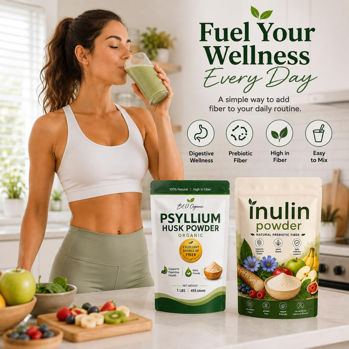 Organic Psyllium Husk Powder and Inulin Powder 2 Pack 1 lb Unflavored R26167