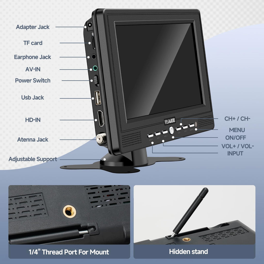 7” Portable TV with Antenna, Rechargeable Battery with Stand Q74614