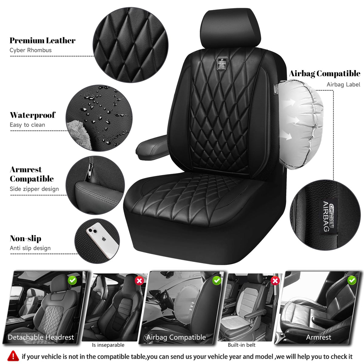 5 Seats Faux Leather Seat Covers Full Set Pure Black K786