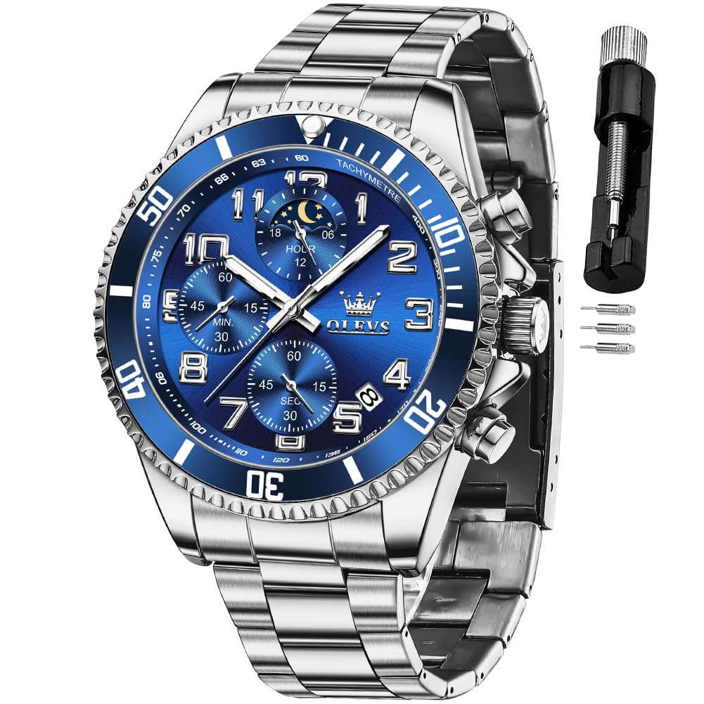 Mens Chronograph Moon Phase Two Tone Stainless Steel Waterproof Luminous Wrist Watch S2024