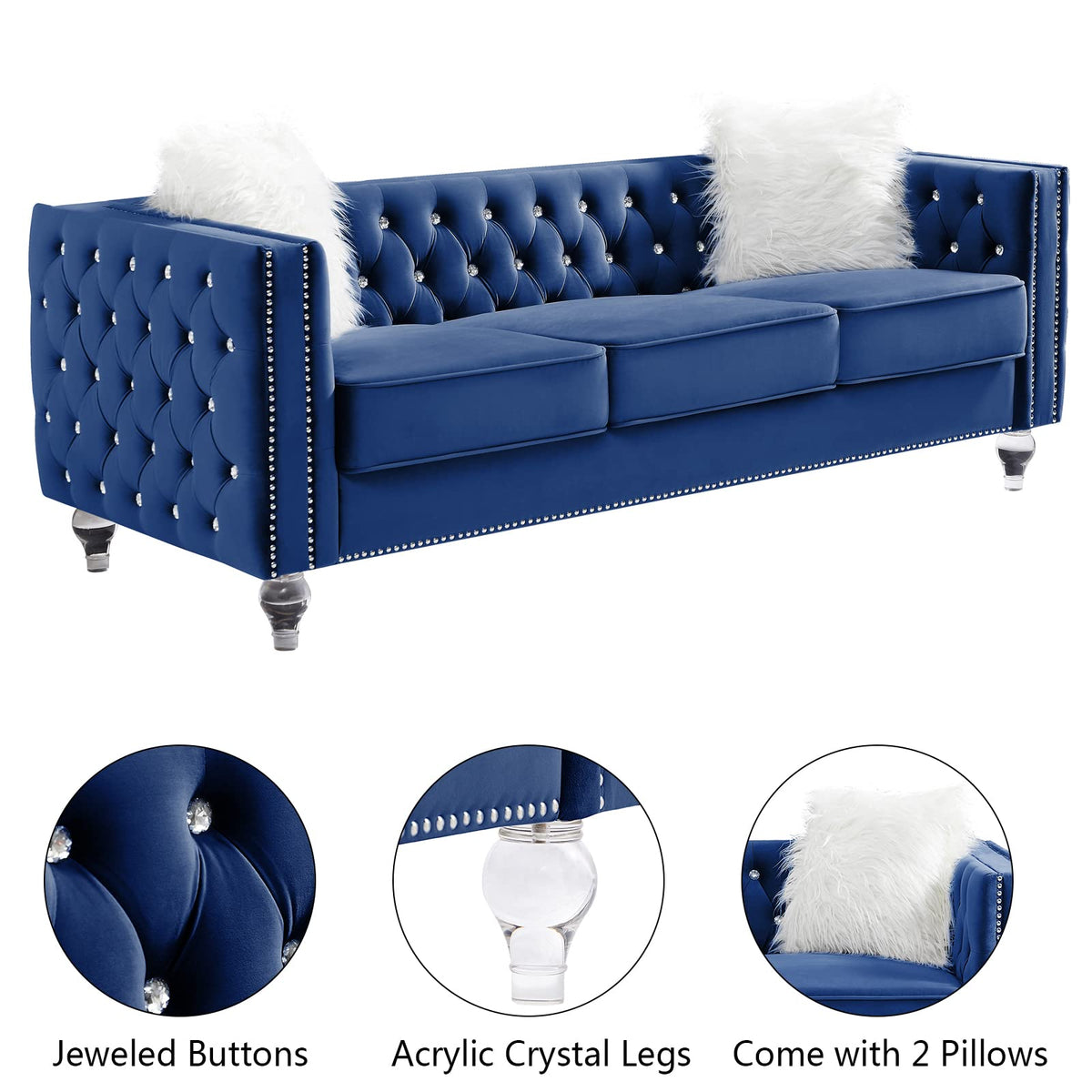 Velvet 3 Seater Sofa Couch with Nailhead and Acrylic Legs J62790