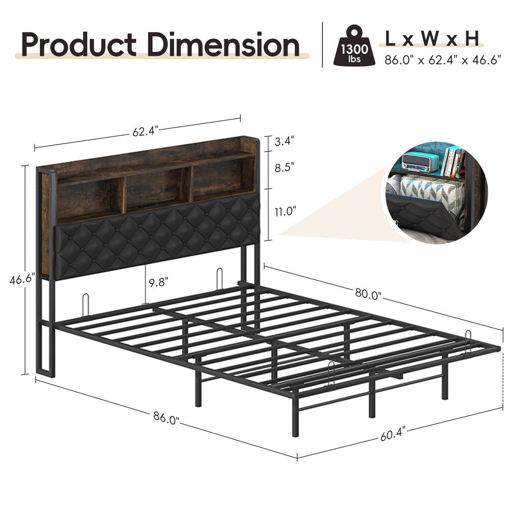 Queen Size Metal Platform Bed with Storage Bookcase Headboard B886891