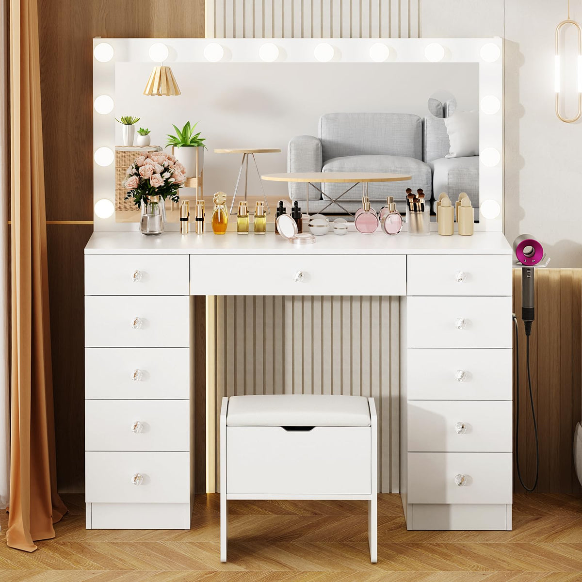 46" Vanity with Lighted Mirror and 11 Drawers R983379