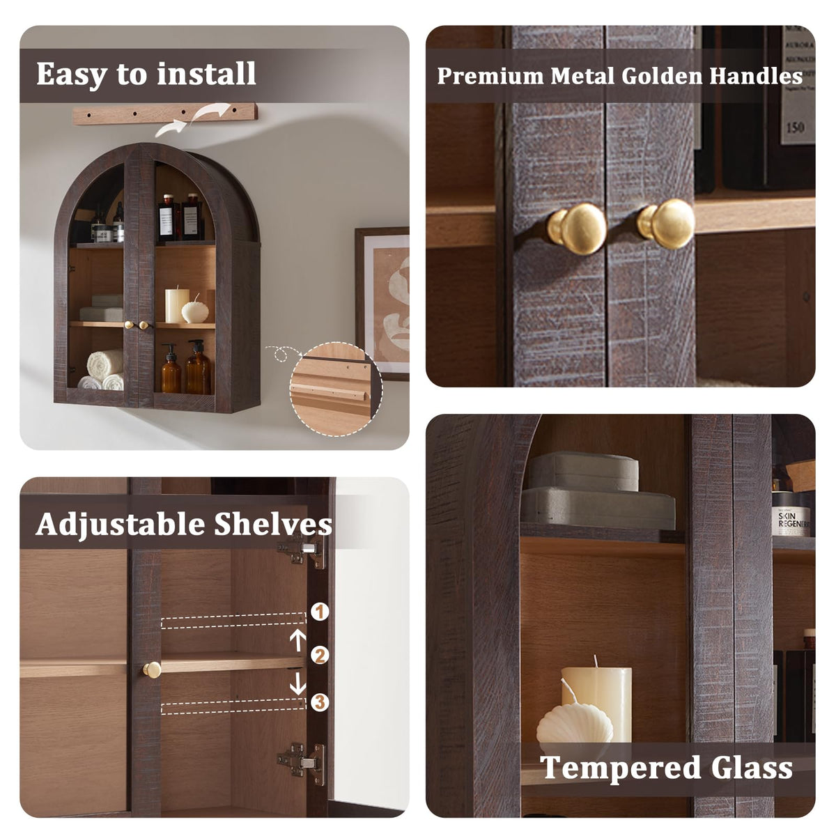 Arched Wall Cabinet with Glass Doors & Adjustable Shelves, 23.5×31.4 Inch N1744