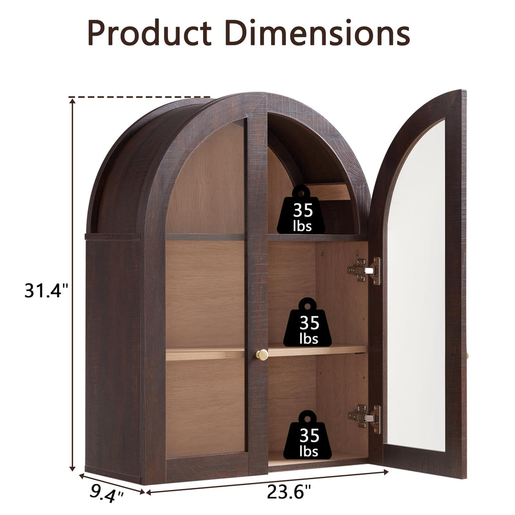 Arched Wall Cabinet with Glass Doors & Adjustable Shelves, 23.5×31.4 Inch N1744