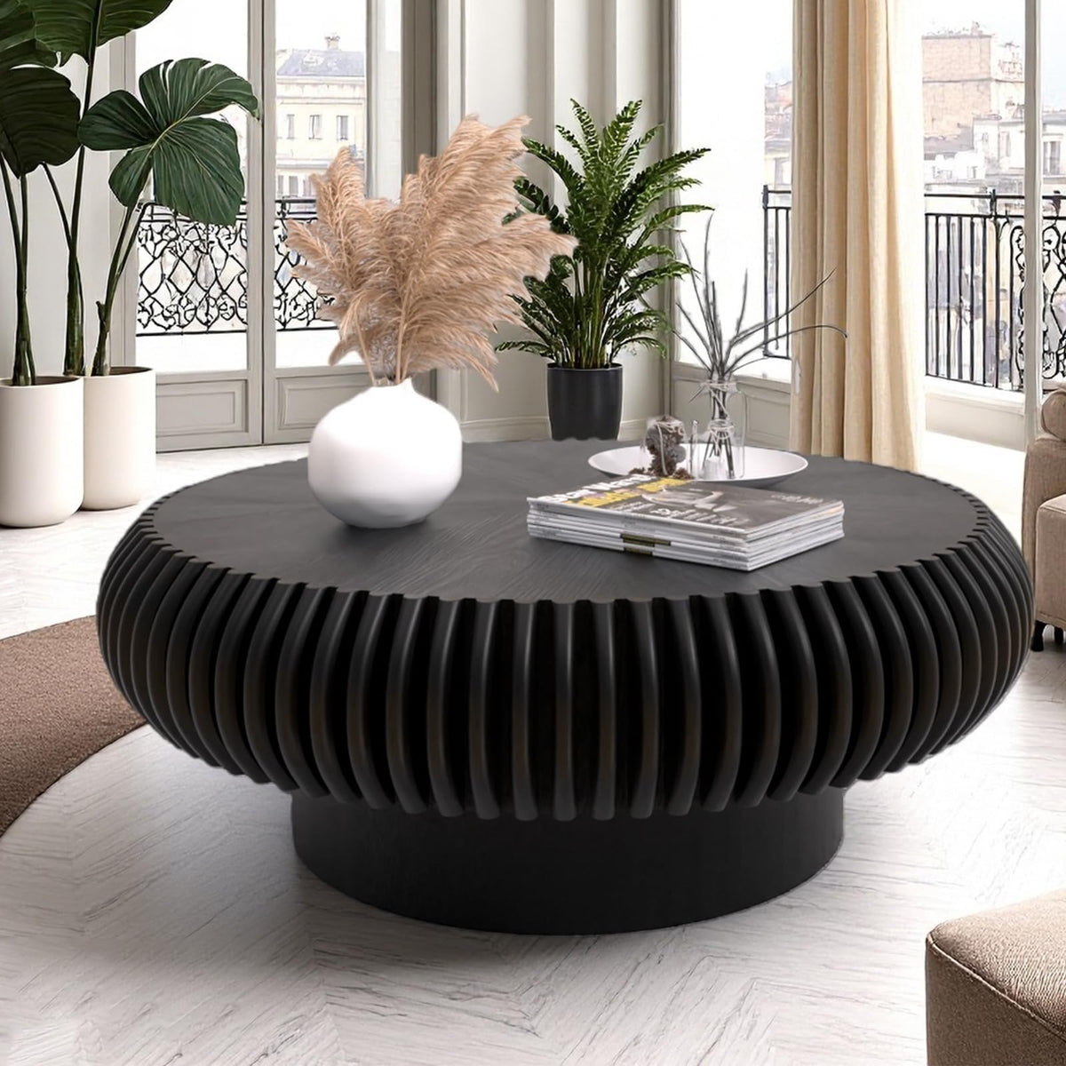 Black Round Fluted Drum Coffee Table F7445