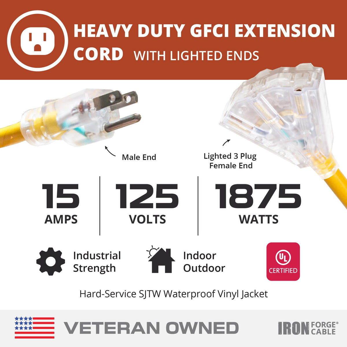 50 Foot Lighted Outdoor Extension Cord with 3 Outlets V953