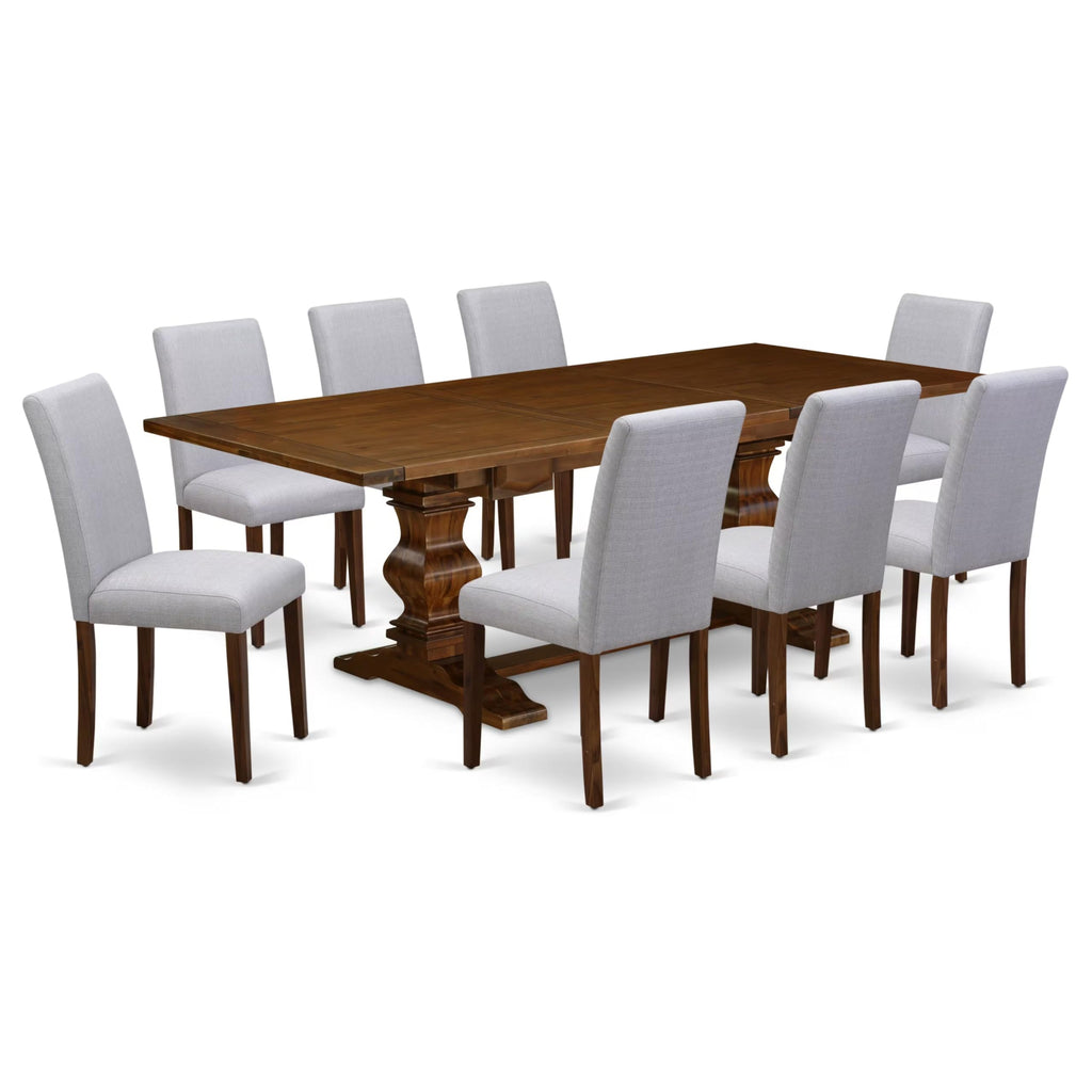 9 Piece Walnut Dining Table Set with 8 Grey Linen Chairs I600