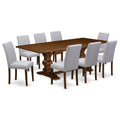9 Piece Walnut Dining Table Set with 8 Grey Linen Chairs I600
