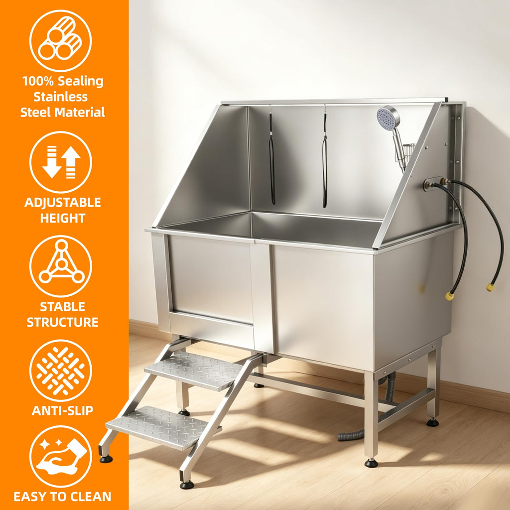 304 Stainless Steel Dog Washing Station with Stairs and 2 Drawers P8469