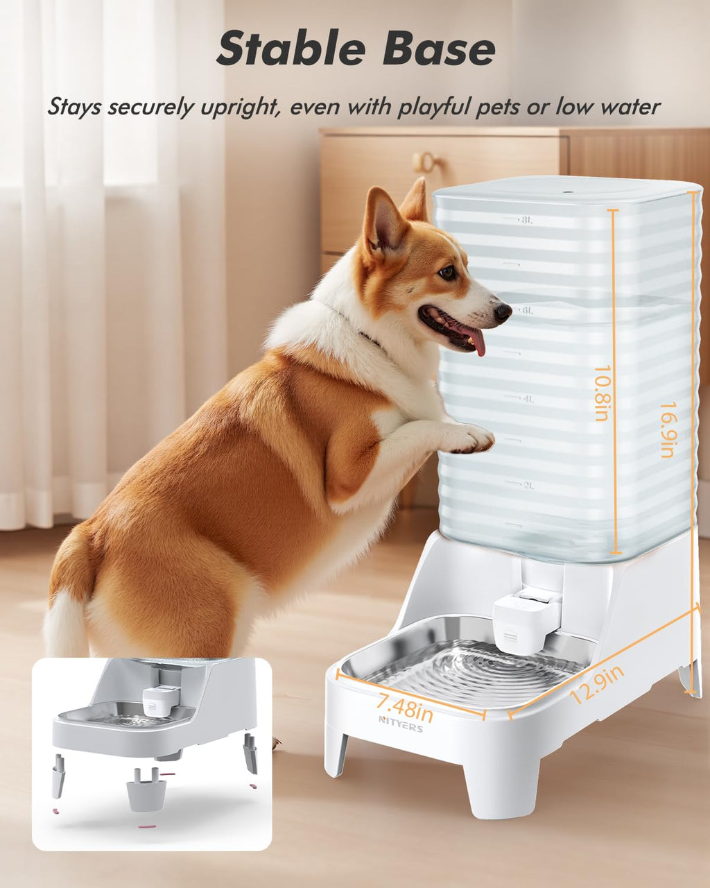 8L Stainless Steel Gravity Dog Water Bowl Dispenser with Filter F6414
