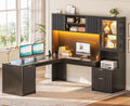 67" L Shaped Desk with Hutch and Power Outlets, Black M205374