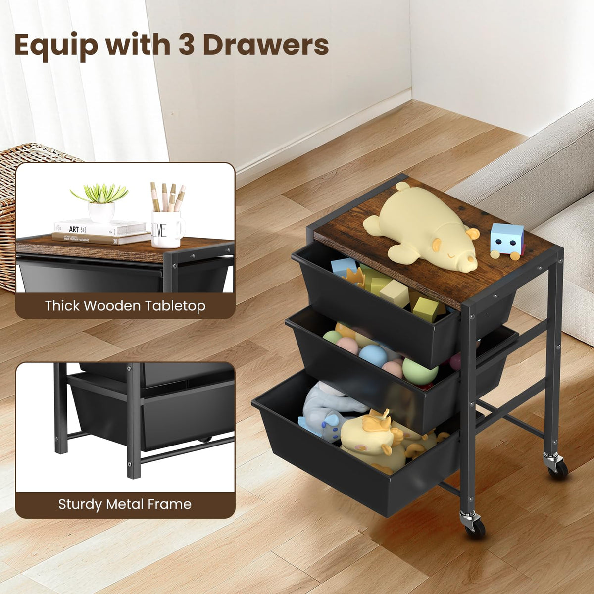 3 Drawer Rolling Cart with Lockable Wheels and Wooden Tabletop M783