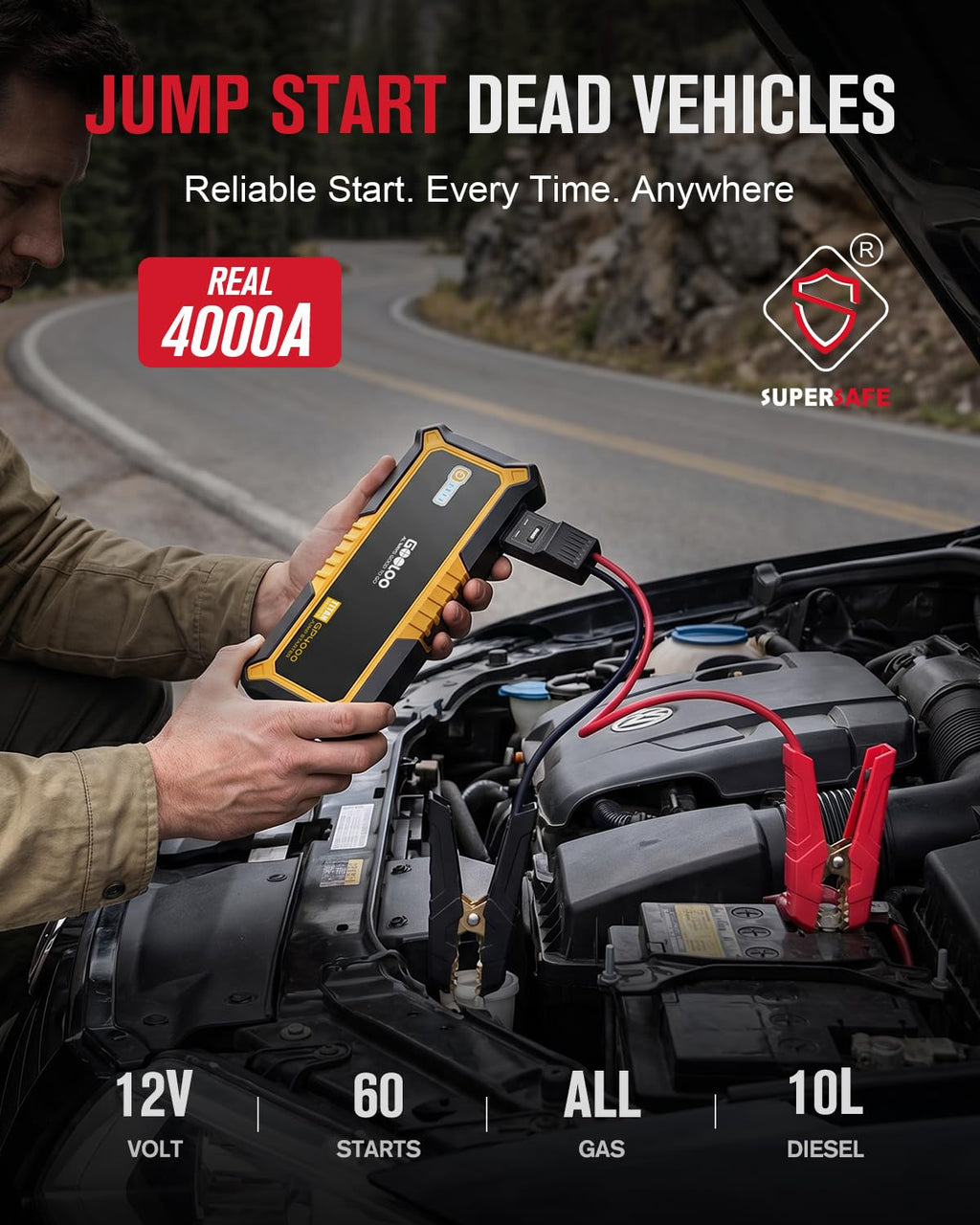 4000A 12V Portable Car Battery Jump Starter J989690