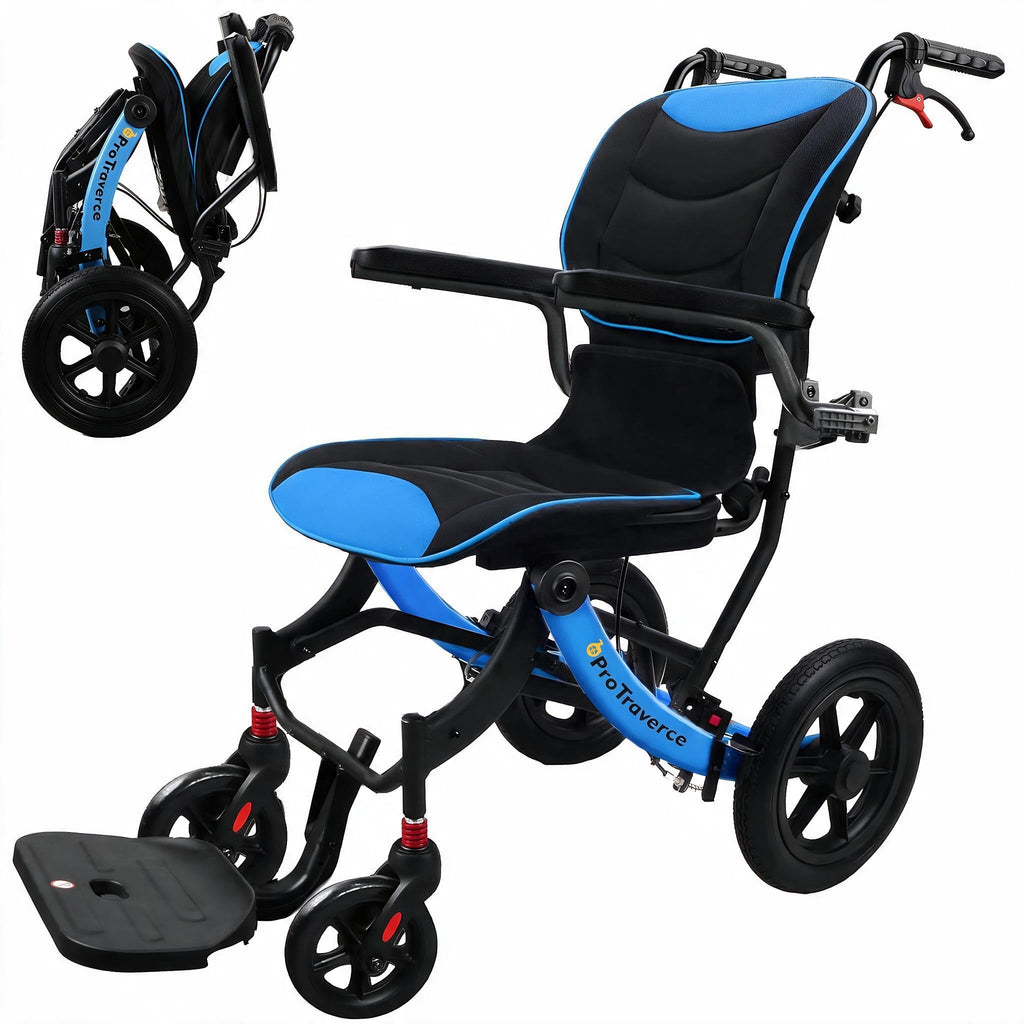 Lightweight Foldable Transport Wheelchair with Telescopic Handle, 16-Inch Seat, Blue M7472