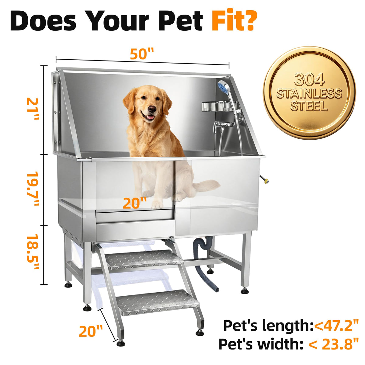 304 Stainless Steel Dog Washing Station with Stairs and 2 Drawers P8469