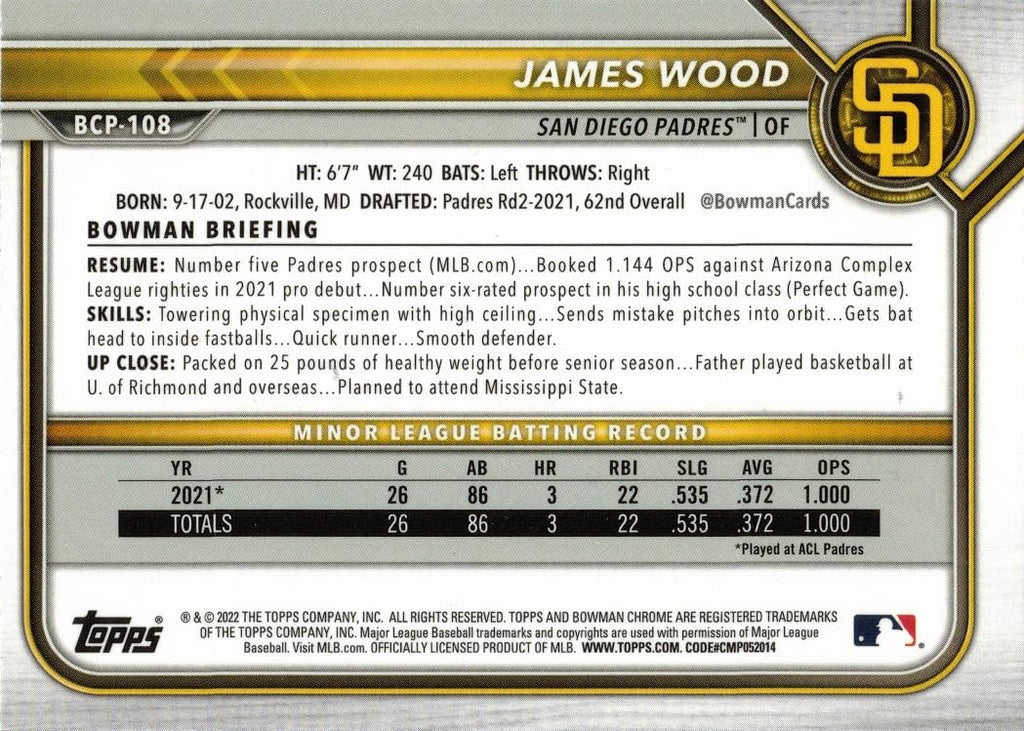 2022 Bowman Chrome Prospects Mega Box Mojo Refractor Baseball #BCP-108 James Wood Pre-Rookie Card F951528