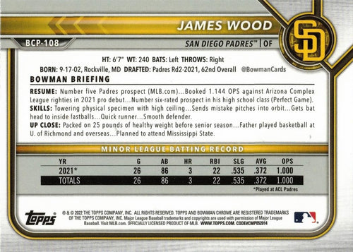 2022 Bowman Chrome Prospects Mega Box Mojo Refractor Baseball #BCP-108 James Wood Pre-Rookie Card F951528