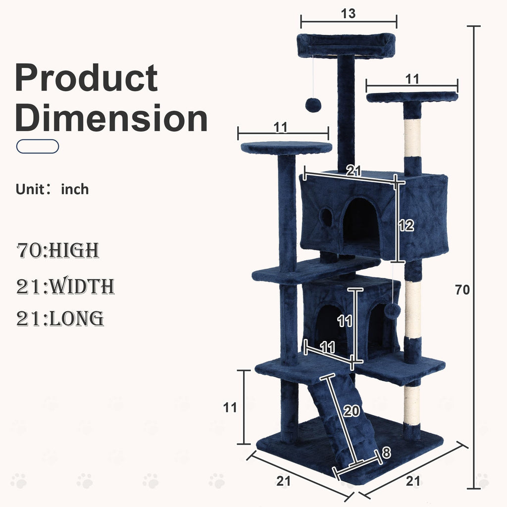 70 Inch Navy Blue Multi-Level Cat Tree with Scratching Posts J494997