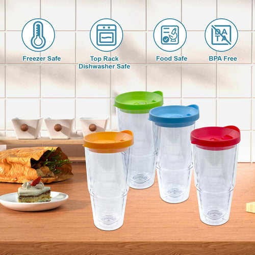 20 oz 4 Pack Double Wall Clear Acrylic Tumbler Cups with Lids K90765