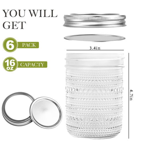 16 Oz Wide Mouth Glass Mason Jars 6 Packs J96846