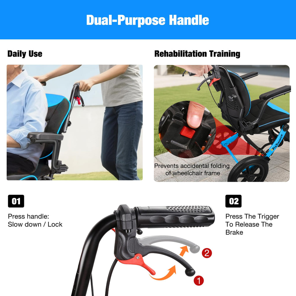 Lightweight Foldable Transport Wheelchair with Telescopic Handle, 16-Inch Seat, Blue M7472
