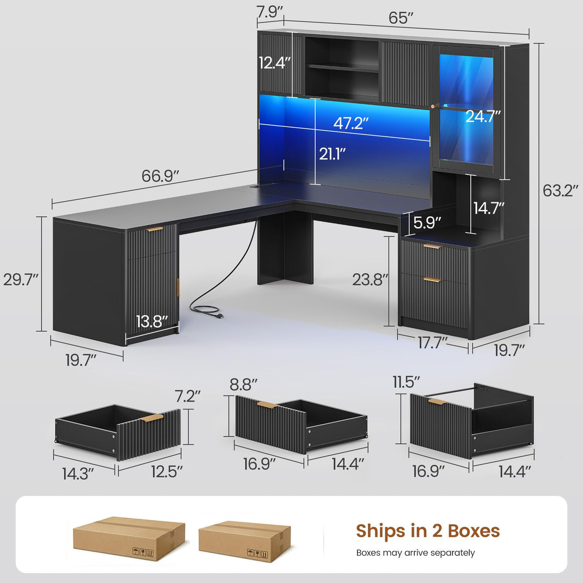 67" L Shaped Desk with Hutch and Power Outlets, Black M205374