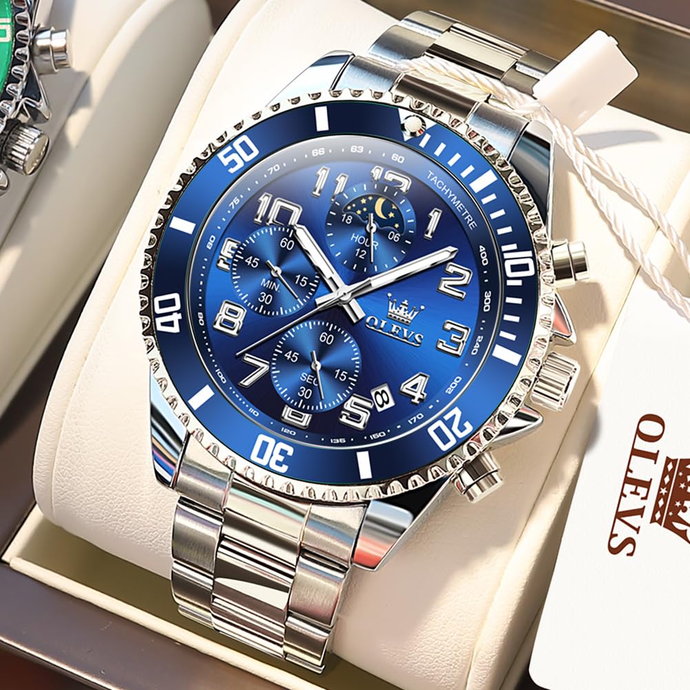 Mens Chronograph Moon Phase Two Tone Stainless Steel Waterproof Luminous Wrist Watch S2024