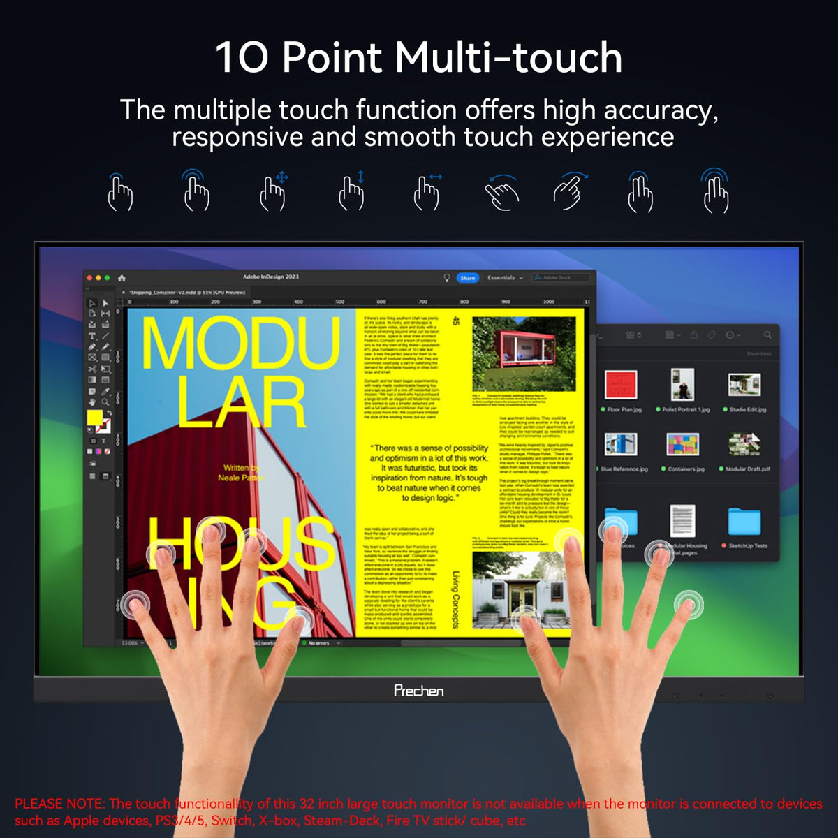 32 Inch 4K Touch Monitor, 144Hz UHD 3840x2160 Touchscreen, HDMI 2.1 & DP 1.4 & Type-C, HDR 400, Height-Adjustable Stand VESA Mountable J16915
