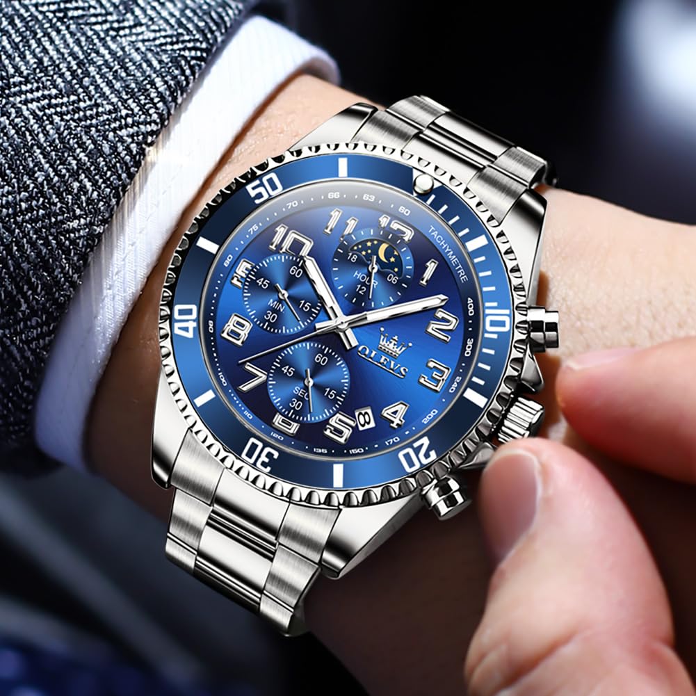 Mens Chronograph Moon Phase Two Tone Stainless Steel Waterproof Luminous Wrist Watch S2024