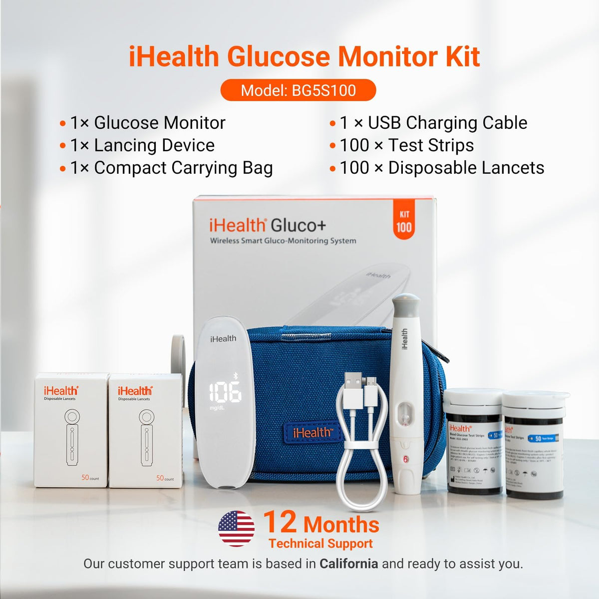 Wireless Smart Glucose Monitor Kit, 100 Strips & 100 Lancets K613707