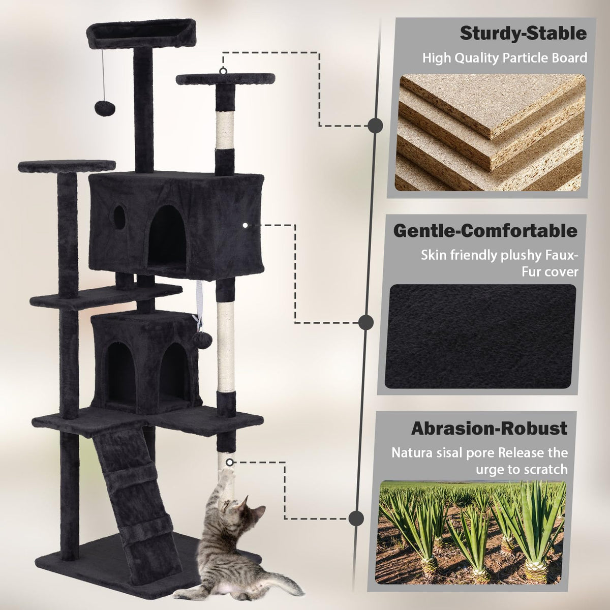 70" Dark Grey Cat Tree Tower with Scratching Post and Bed L465