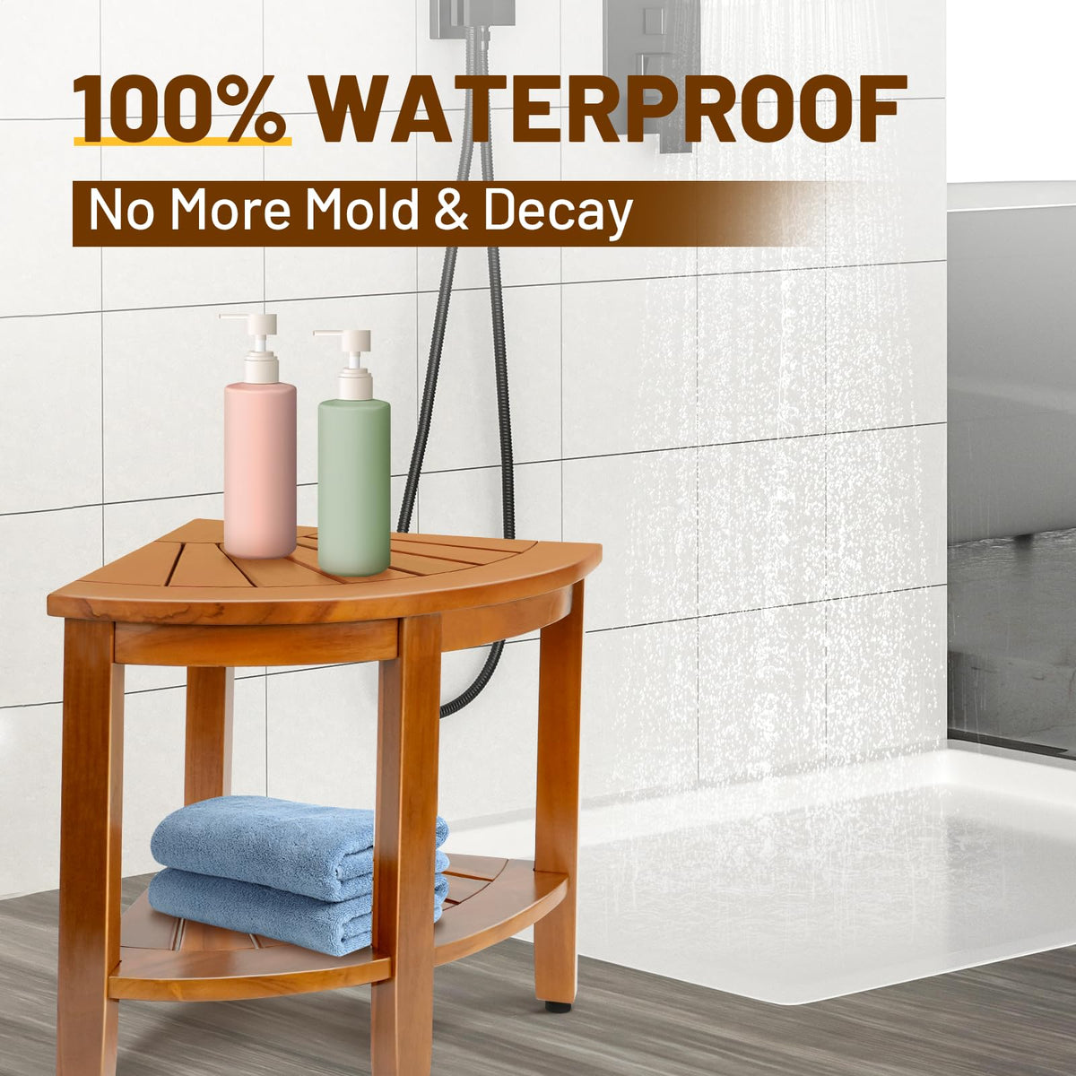 18" Teak Corner Shower Bench with Shelf I2158
