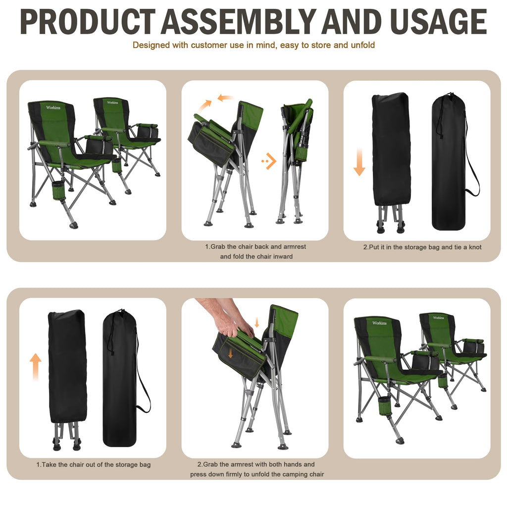 2 Pack Green Folding Camping Chair with Cup Holder and Storage Bag W59102